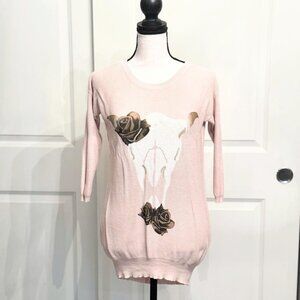 Bar III Long Cream/Tan "Bull + Roses" Three Quarter Sleeve Knit Sweater Top, XS